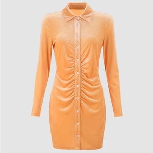 Cider neon orange, ruched, velvet mini dress with long sleeves and collar